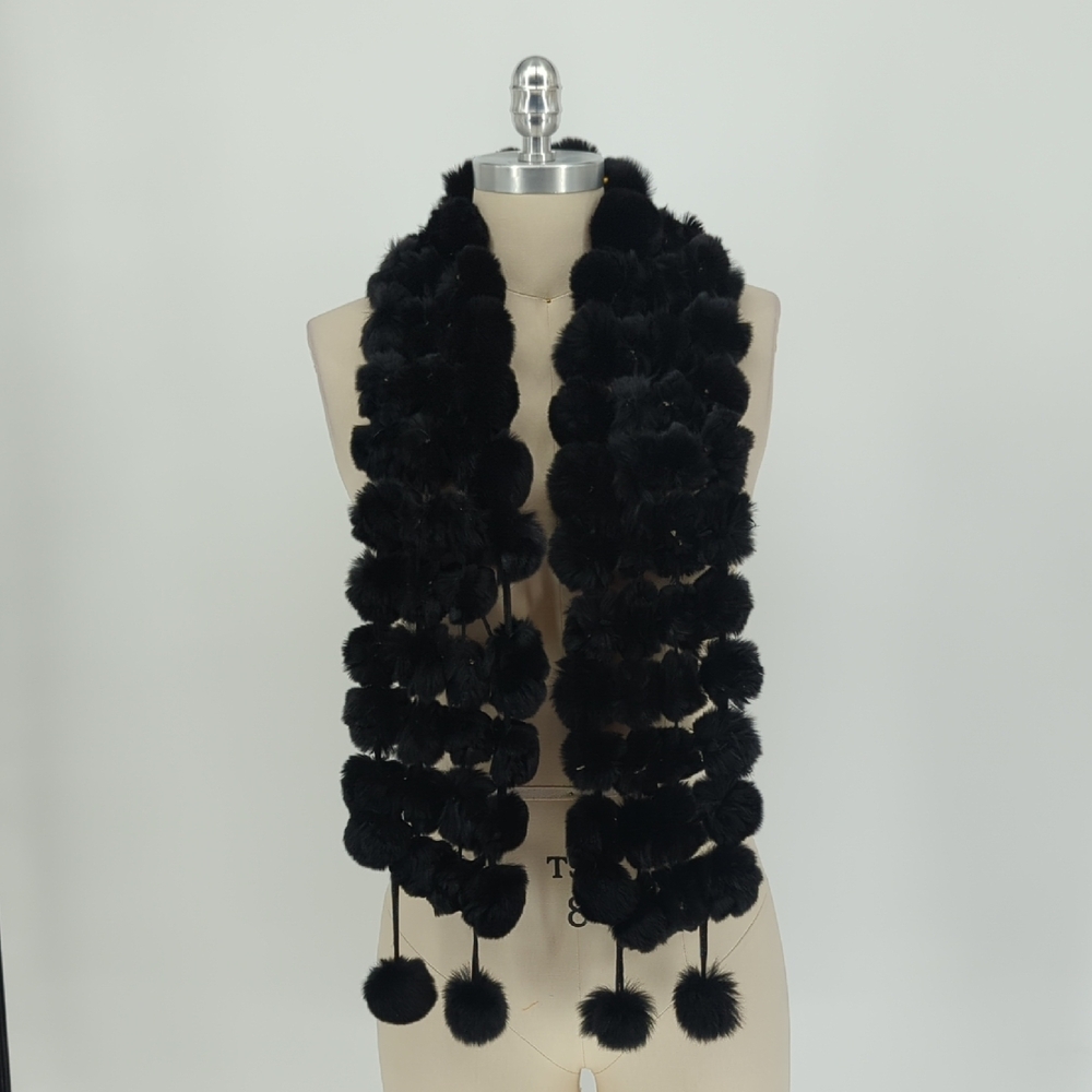 00935 Women's Real Fur Pom Pom Scarf Black animal fall winter bohemian classic